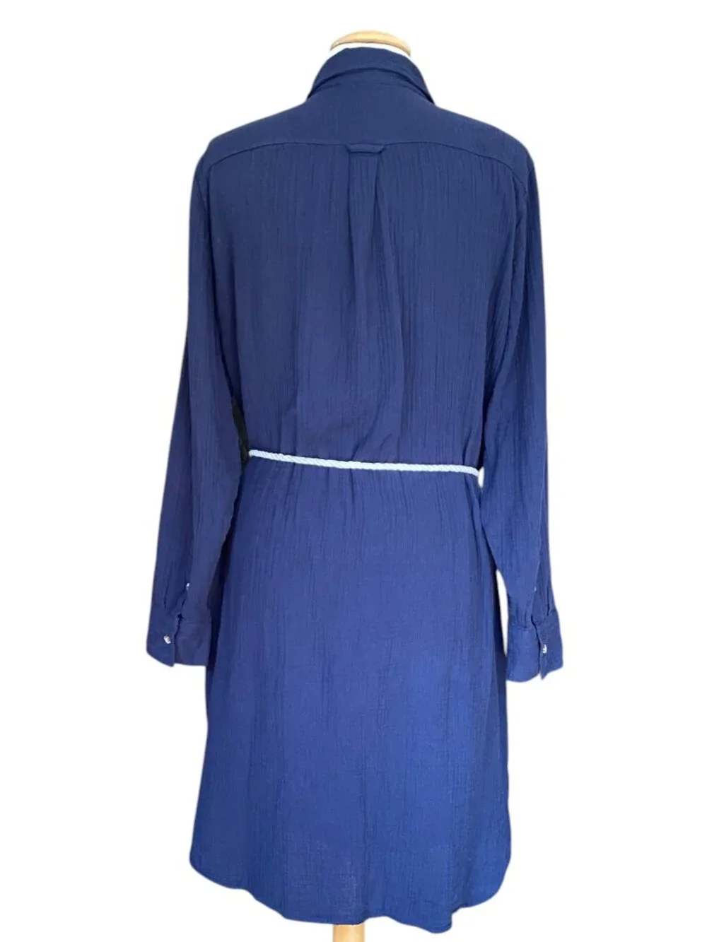 J Crew Navy Blue Gauze Button Down Shirt Dress Nautical Rope Belt Tassels-16